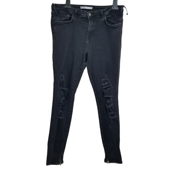 Zara Trafaluc Black Distressed Skinny Zip Jeans 12